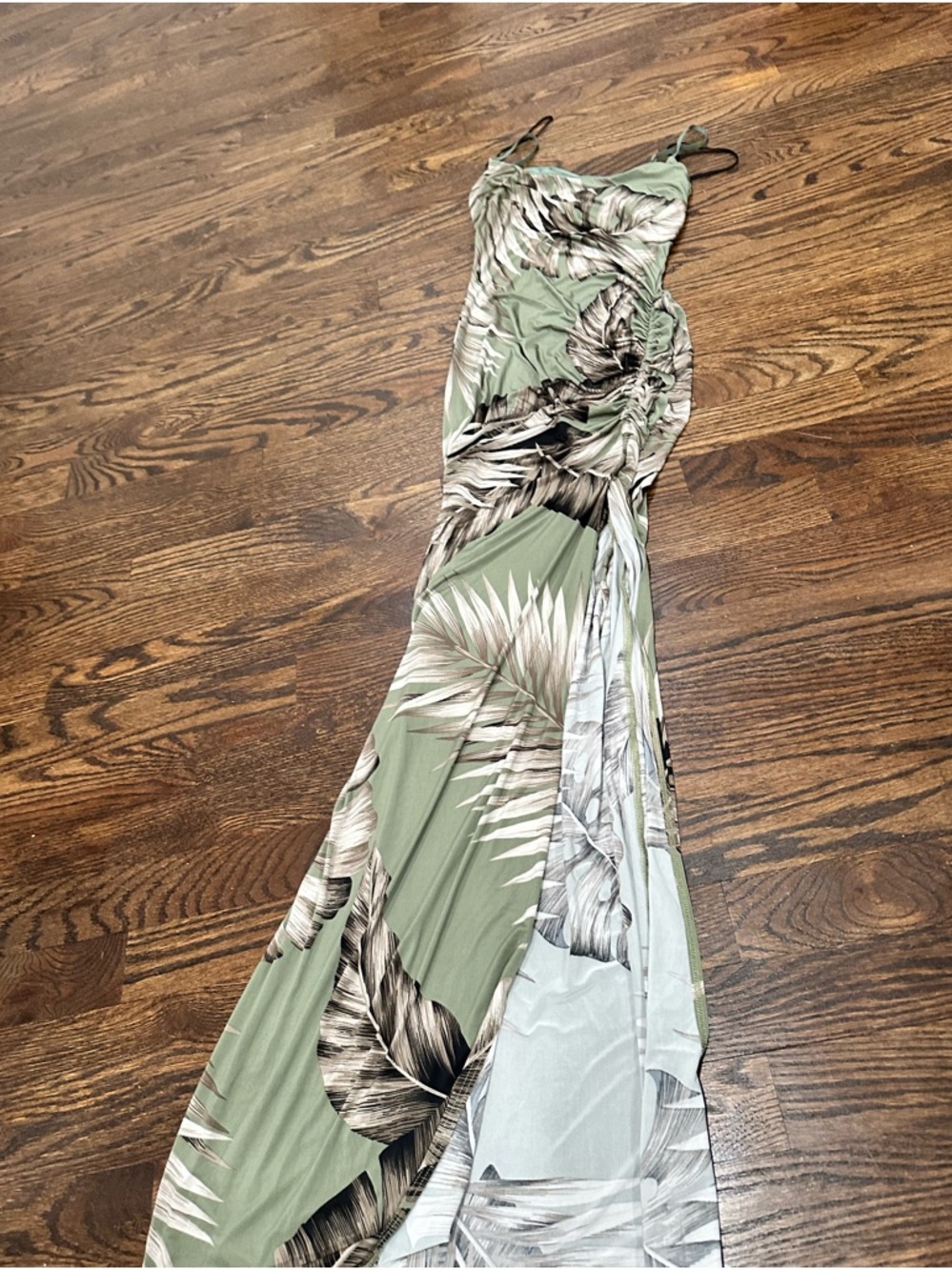 Windsor Olive Tropical Print Maxi Dress with Spaghetti Straps leg slit